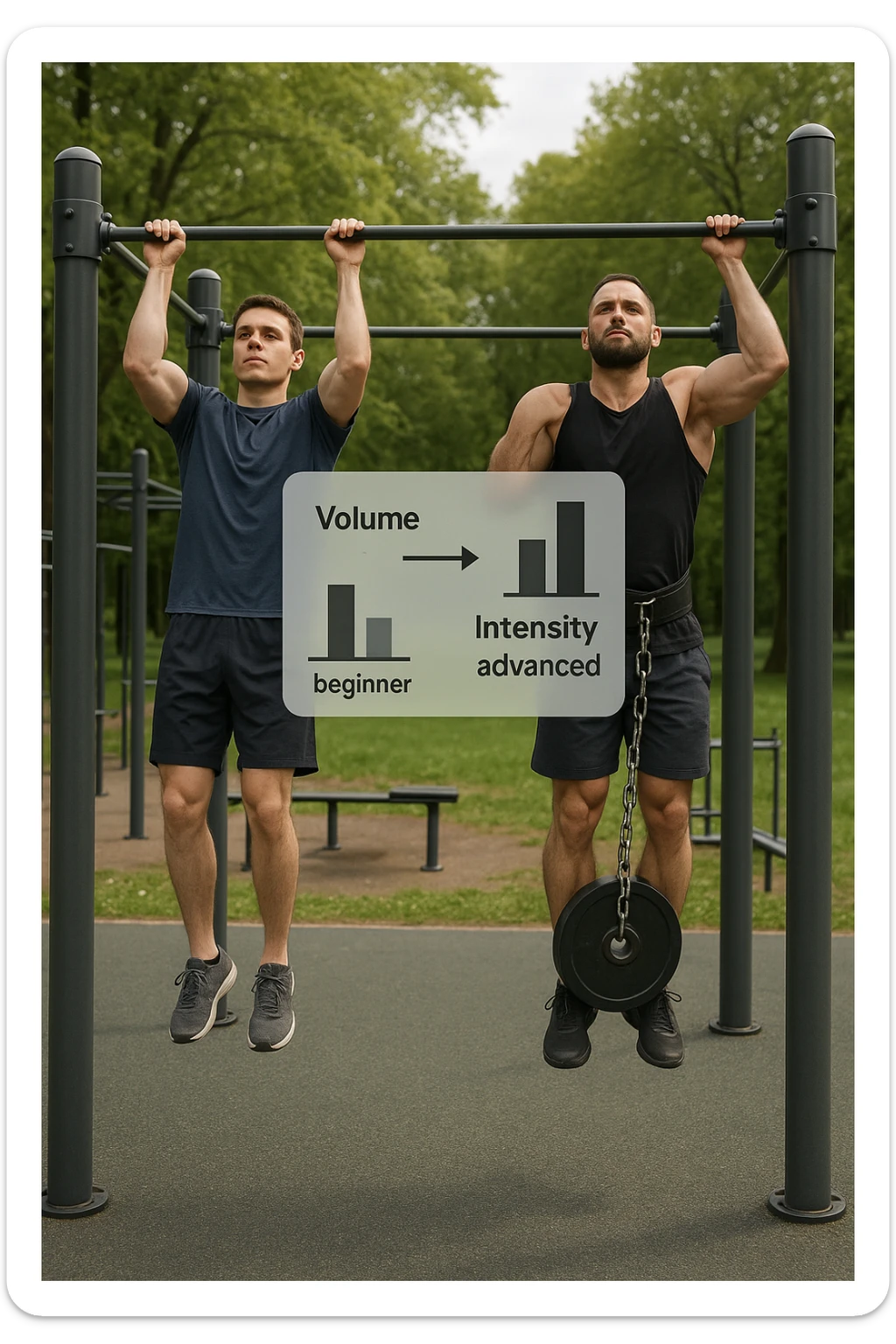 Due atleti fianco a fianco in un parco attrezzato: a sinistra il neofita che fa 10 trazioni leggere con concentrazione, a destra l’atleta avanzato con cintura zavorrata che fa 3 ripetizioni lente e pesanti. Tra loro, grafico sospeso in aria che mostra: 'Volume → neofita | Intensità → avanzato'. Stile realistico con elementi educativi visivi sticker