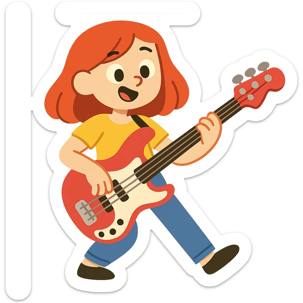 girl with red hair and red bass guitar, long bob hairstyle sticker
