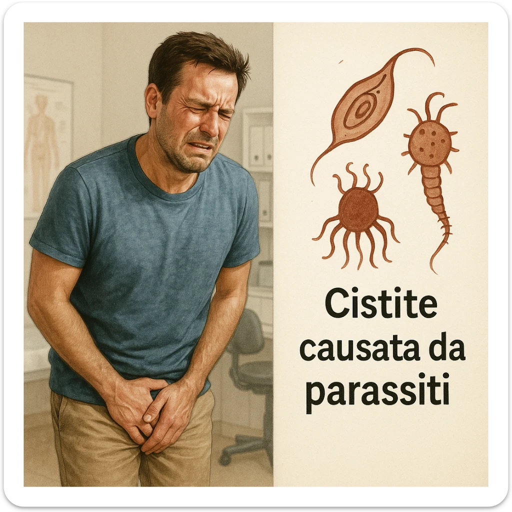 realistic medical illustration of a man with a painful expression, one hand on pelvic area, in a medical office, next to stylized symbols or drawings of parasites, with a short Italian label explaining cystitis caused by parasites, educational and respectful tone sticker