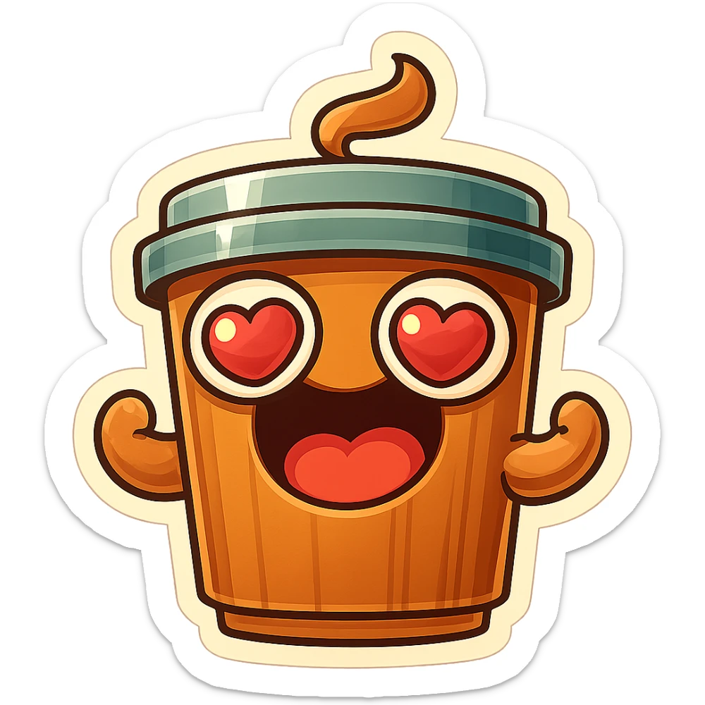 coffee cup creature, big heart eyes, dopey smile sticker
