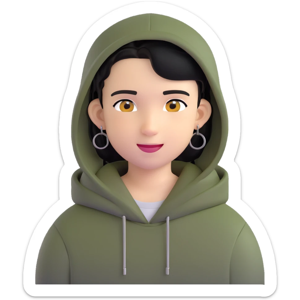 boy with military cut black hair, brown eyes, wearing 2 circle earrings and a black hoodie with a smiley face sticker