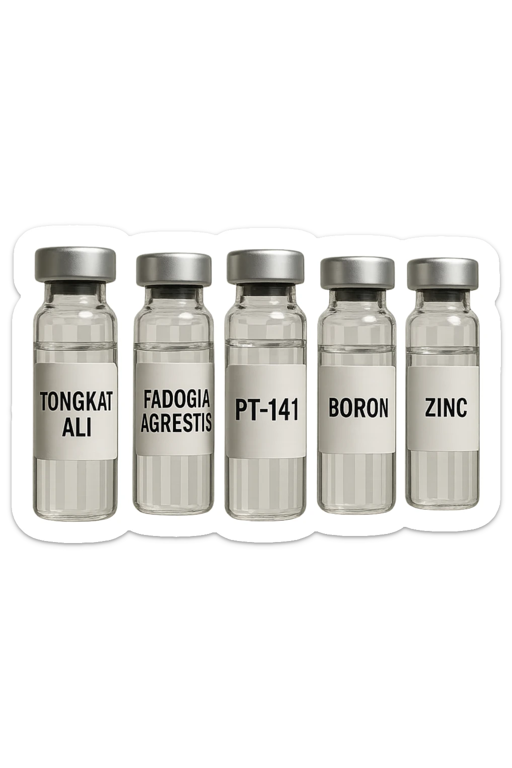 3 fiale mediche: Tongkat Ali, Fadogia Agrestis, PT-141, Boron e Zinco fluttuano in aria verticalmente sticker