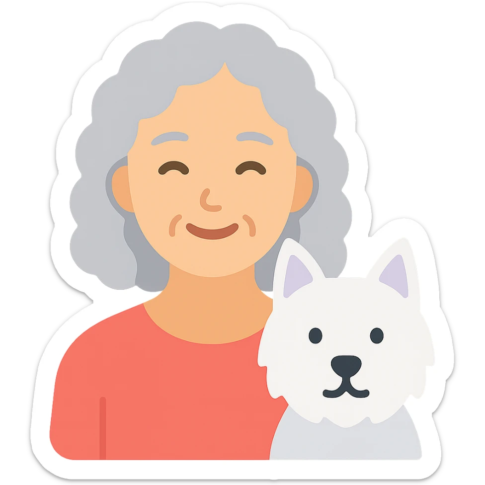 50-year-old pretty lady with silver curly hair, smiling, with a Westie dog, color icon sticker