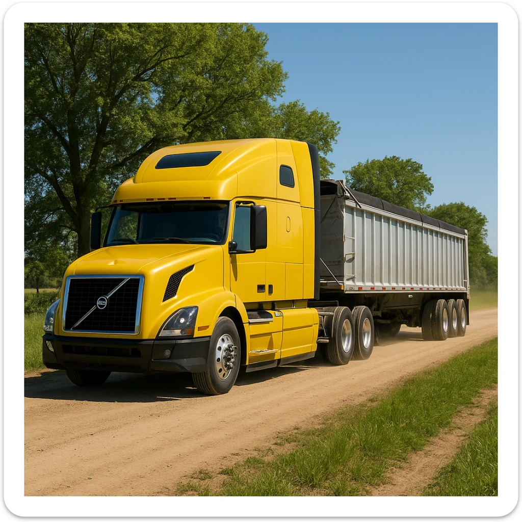 highly photorealistic Volvo yellow semi sleeper truck with a long silver end dump trailer, both in normal driving position, driving to the left down a rural dirt road lined with trees and grass, bright daytime lighting, clear sky sticker