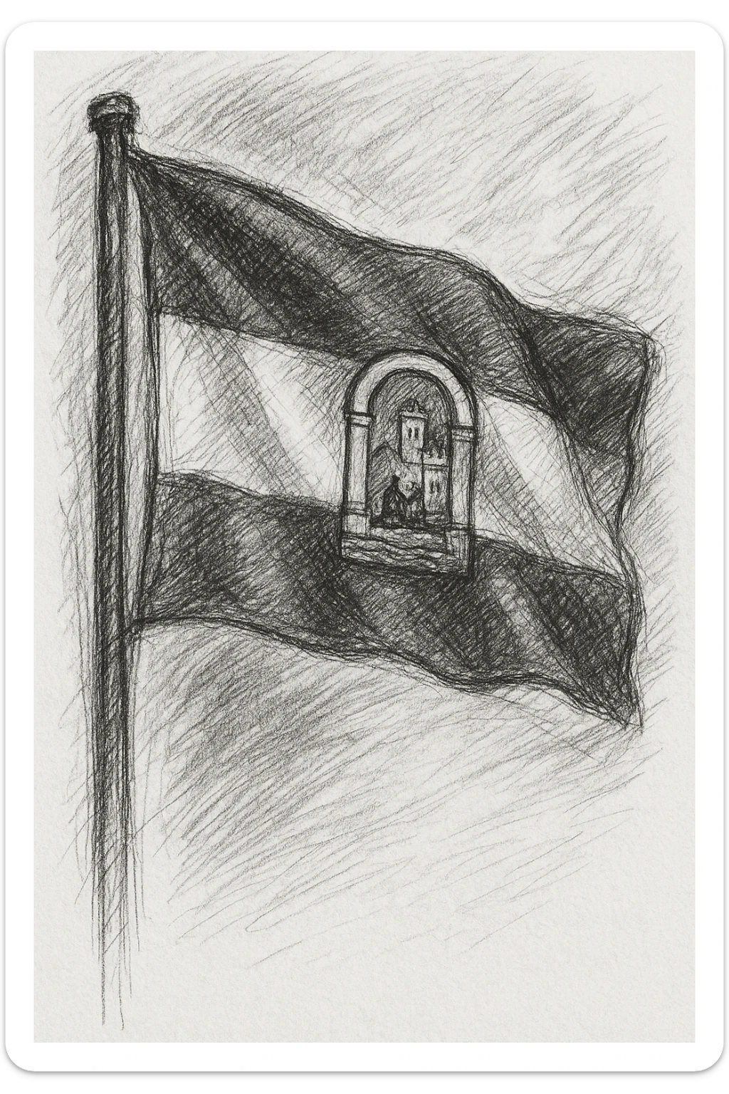 hand-drawn sketch of the Malaga flag, with visible pencil lines and accurate flag details sticker