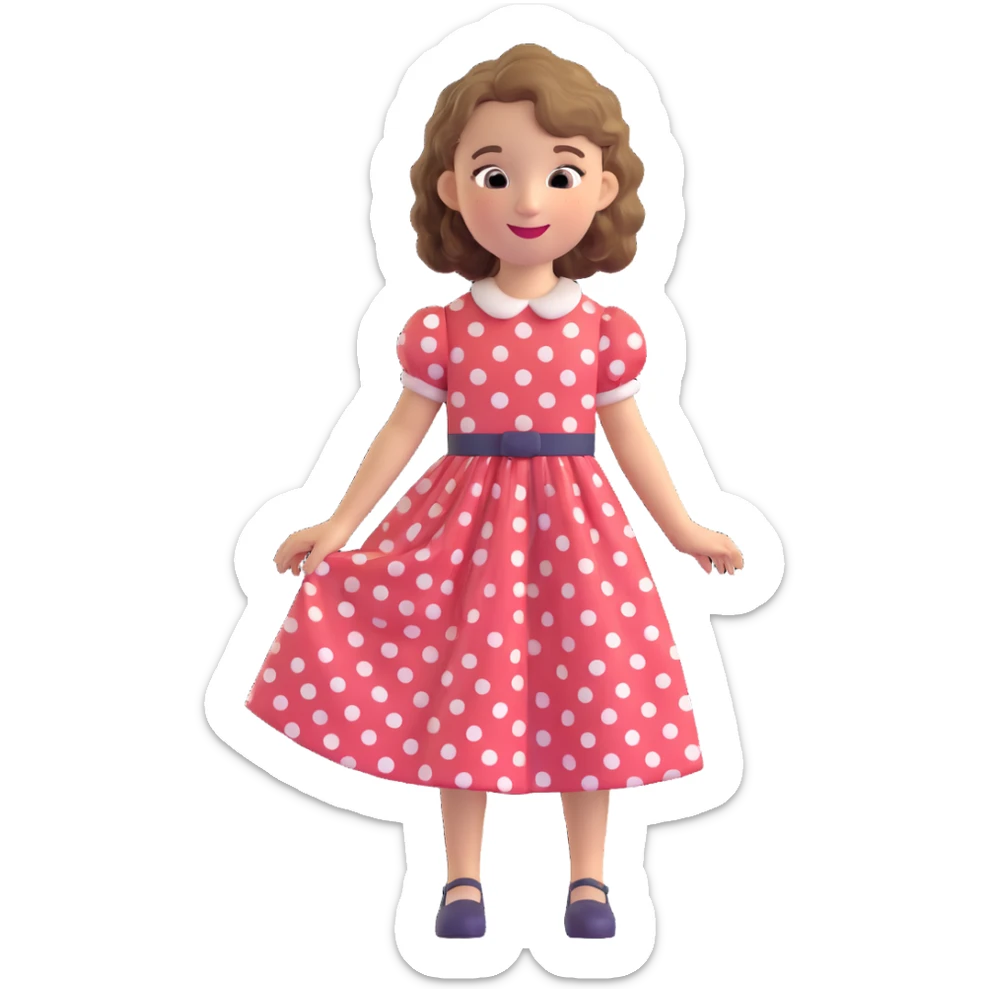 girl wearing a polka dot vintage dress, wavy hair, happy sticker