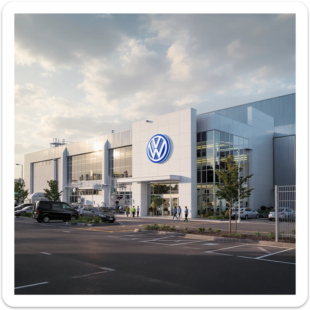 Realistic Volkswagen factory exterior, large industrial building with Volkswagen logo, parking lots filled with cars, factory grounds with machinery and equipment, realistic lighting and shadows, industrial atmosphere, workers in uniforms walking around sticker