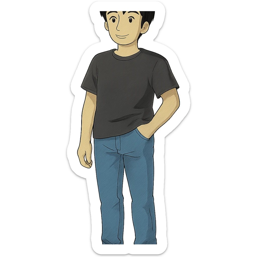 man, casual pose, black hair, jeans, black t-shirt, transparent background, ghibli style sticker