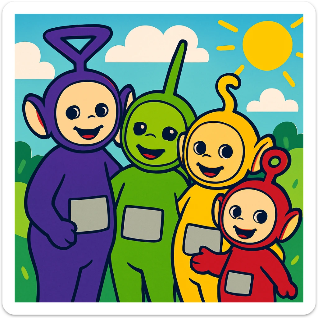 Teletubbies in vibrant cartoon style, each character with their signature color and antenna shape, standing together and smiling sticker