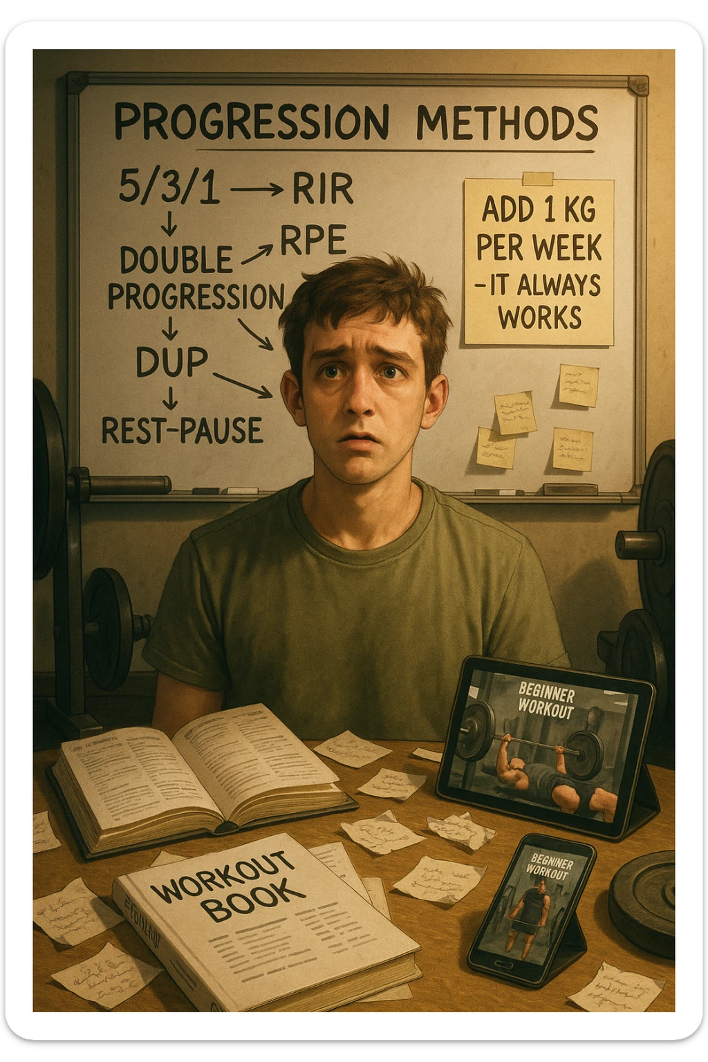 Giovane neofita in palestra, con uno sguardo perso davanti a una lavagna piena di metodi di progressione (5/3/1, RIR, RPE, double progression, DUP, rest-pause). È circondato da libri di allenamento e video tutorial su tablet e smartphone. Dietro di lui, un cartello piccolo ma chiaro: 'Aggiungi 1 kg a settimana – funziona sempre'. Atmosfera caotica intorno, ma luce calda sul messaggio semplice sticker