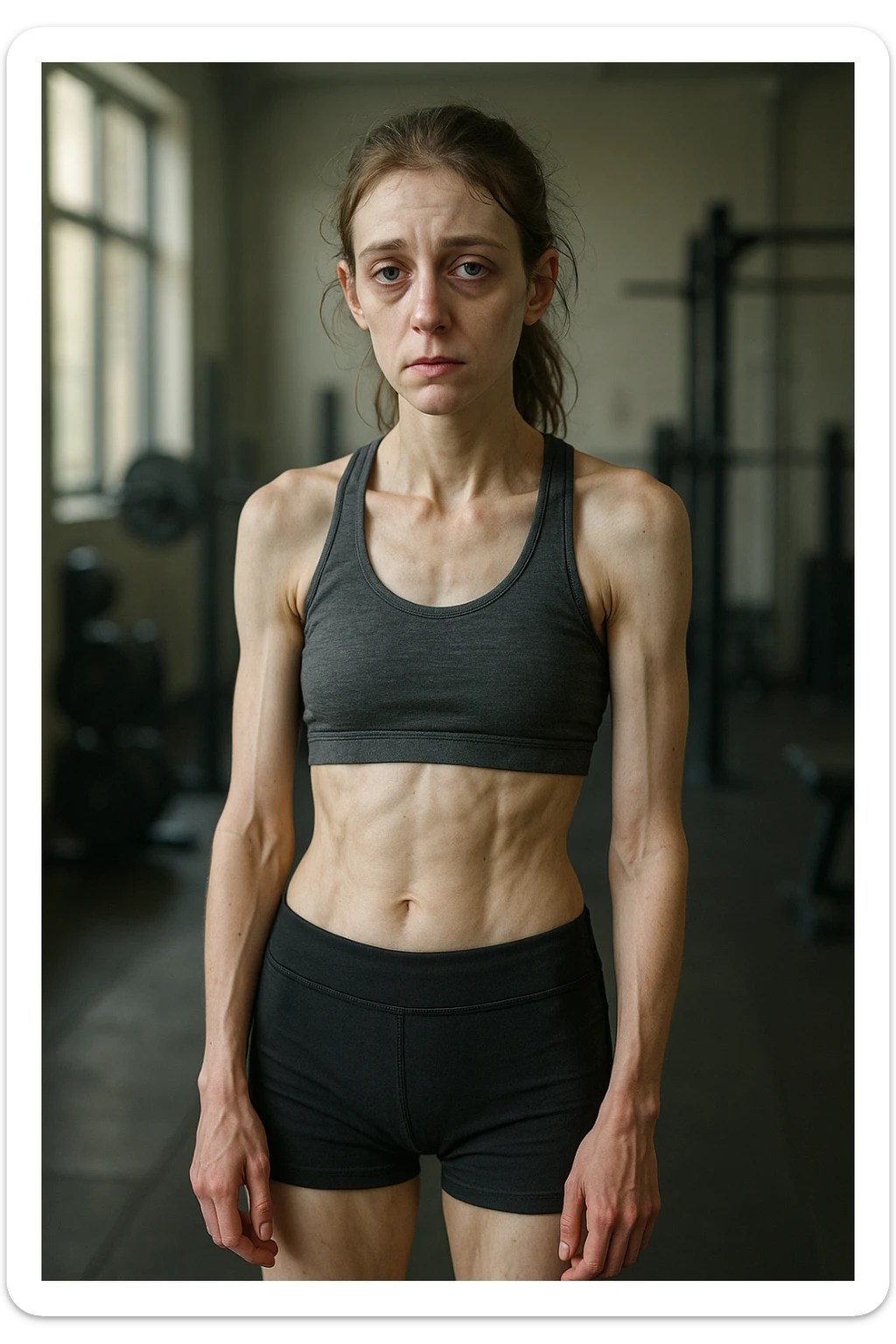 3D realistic vertical illustration of a young athletic woman in sportswear standing in a gym. Her body appears lean but slightly fatigued, with visible muscle loss and a tired expression. Subtle details like dark circles under her eyes, pale skin, and a slouched posture suggest underfueling. The lighting is soft and natural, with gym equipment blurred in the background. sticker