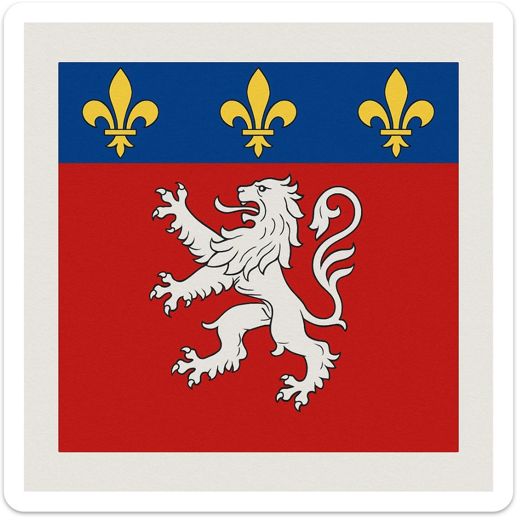 square flag of the city of Lyon, France, with traditional coat of arms: red background, silver rampant lion, chief azure strewn with golden fleurs-de-lis sticker