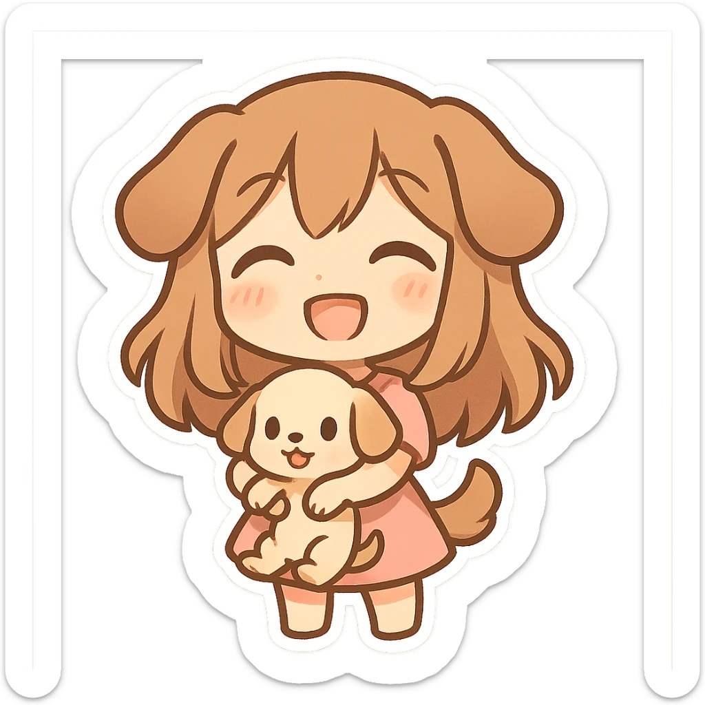 chibi stickers style dog girl holding a puppy, happy and friendly sticker