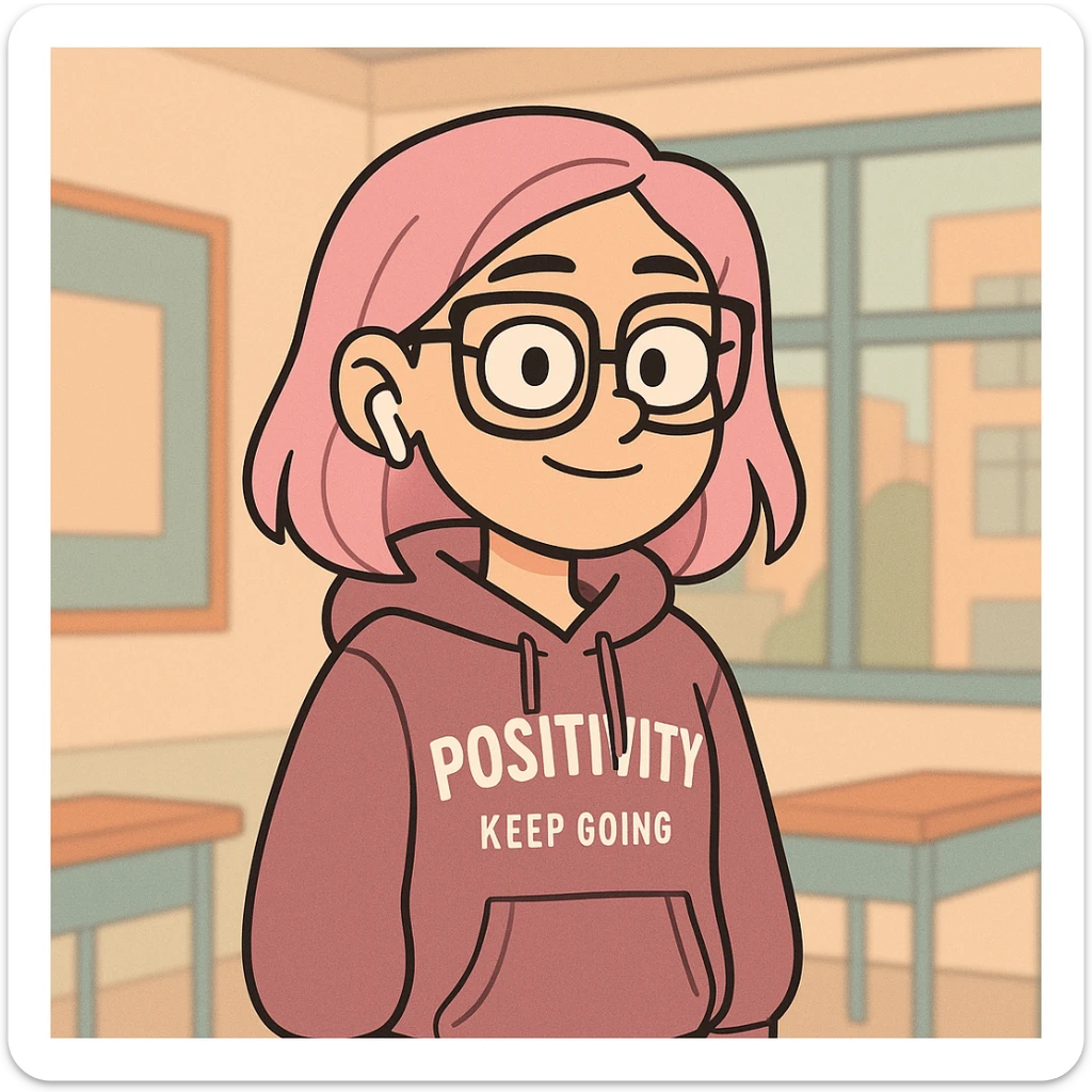 cute and modern digital avatar of a teenage girl with pastel pink dyed hair, oversized glasses, stylish hoodie with English phrases, wireless earbuds, confident and friendly expression, standing in front of a soft background with abstract classroom or city elements, clean 2D digital illustration, slightly cartoonish but polished, Instagram-style color palette sticker