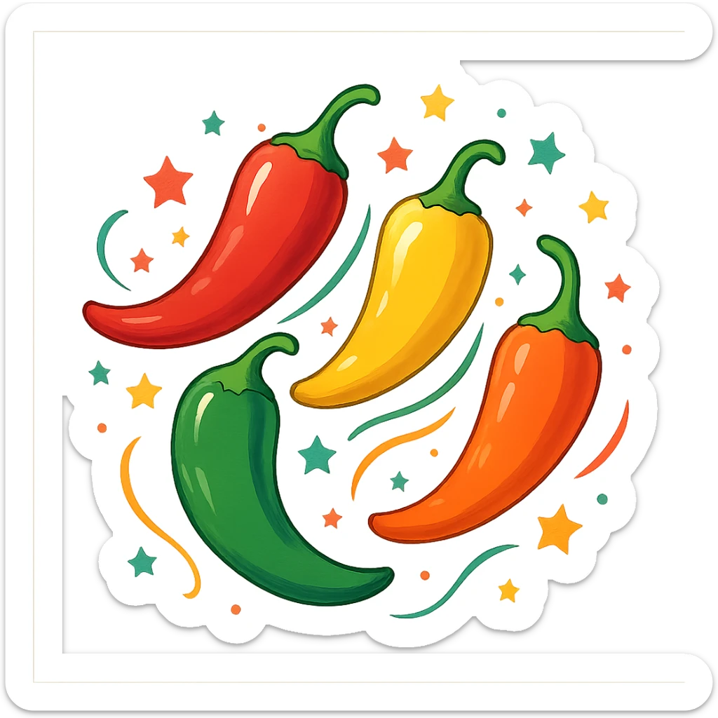 group of multicolored chili peppers with small stars flying around them, festive style sticker