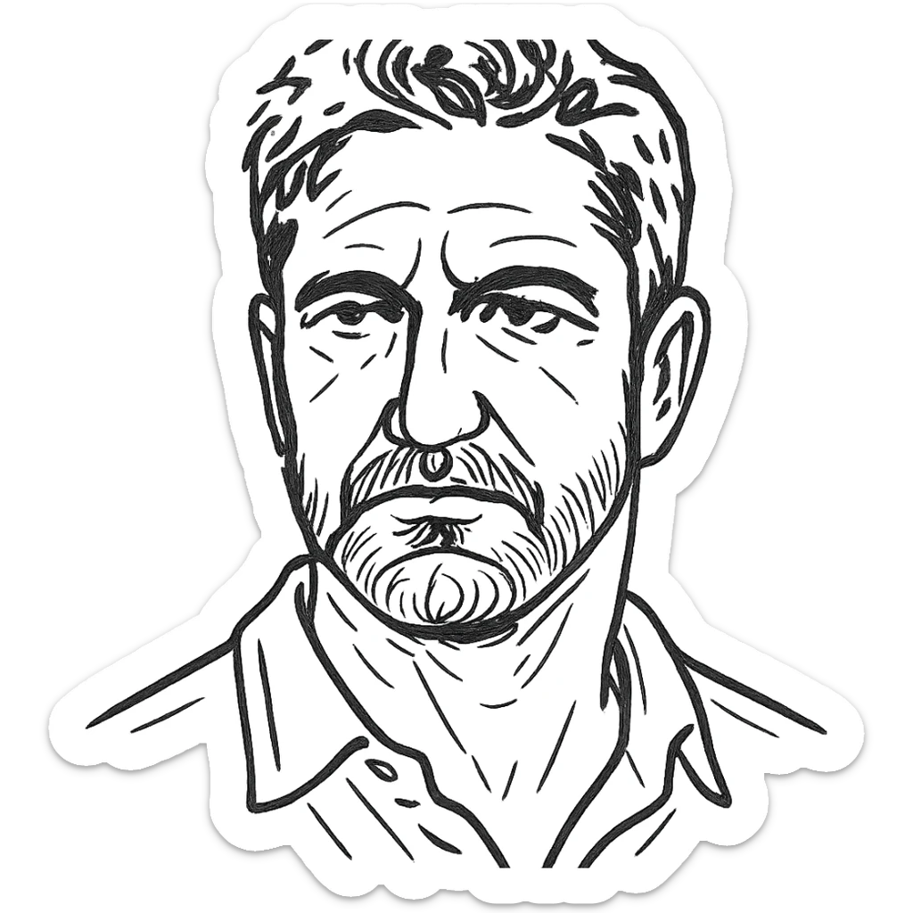 hand drawn outline style headshot, strong jawline, short hair, Gerard Butler inspiration sticker