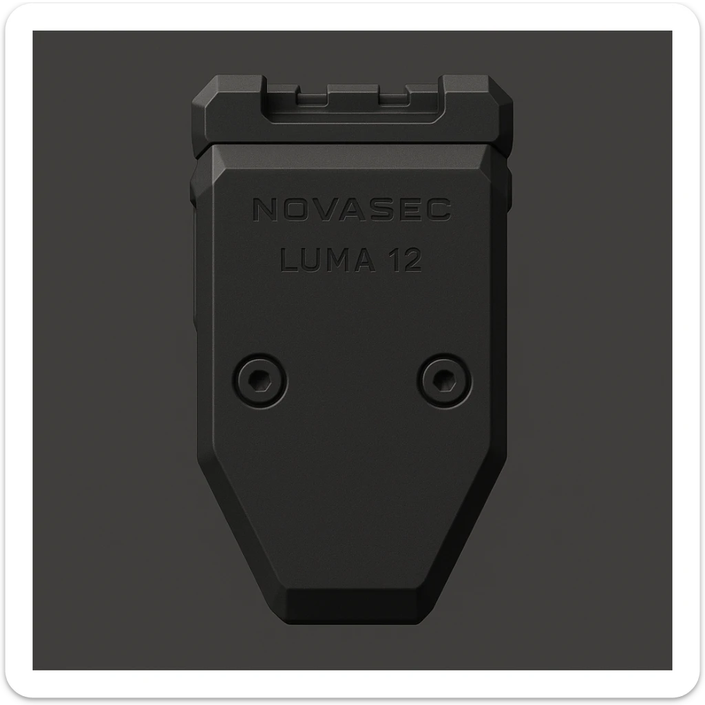 3D-rendered orthographic back view of the NOVASEC LUMA 12 underbarrel firearm attachment: compact, single-piece black matte module, elongated rectangular shape with beveled edges, minimal tactical design, subtle NOVASEC branding, dark neutral background, soft lighting, no perspective or tilt, technical reference style sticker