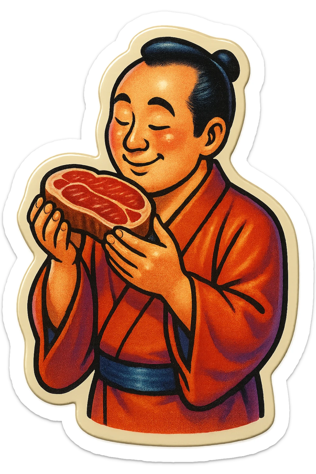A Japanese man in traditional kimono with a loving look holds a steak in his hands, preparing to eat it sticker