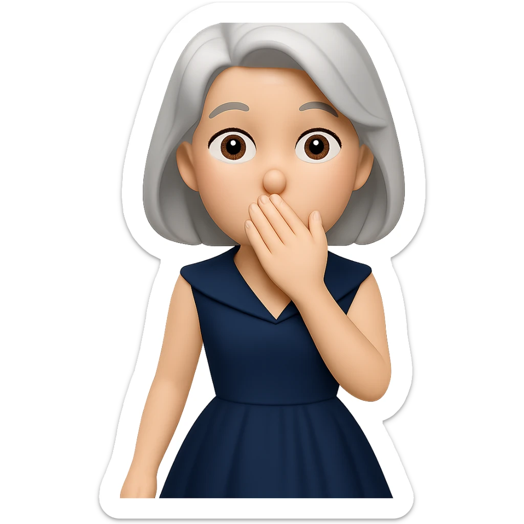 Add a retro cocktail dress to the character and make her hand fully cover her mouth. The style should resemble the original emoji style with a transparent background. sticker