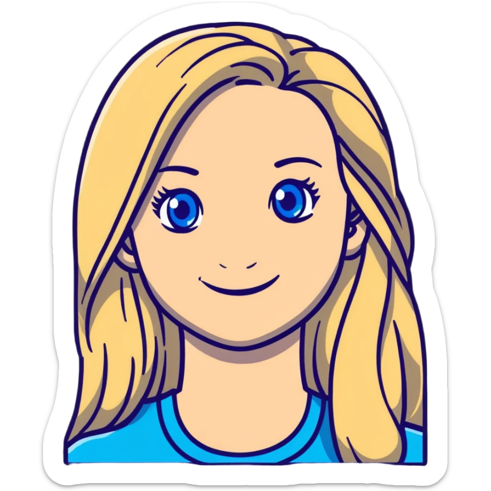portrait of a smiling female with long blonde hair and blue eyes sticker