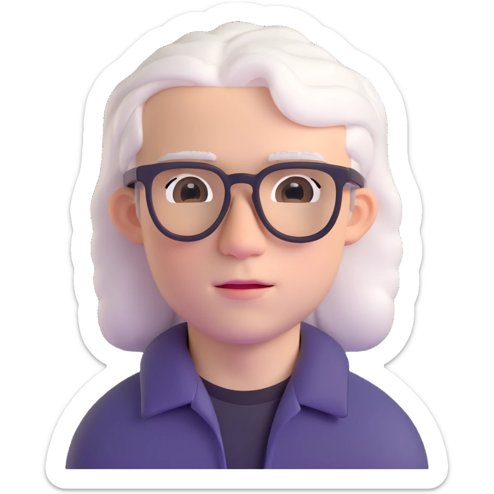 22-year-old white man with fair skin, white hair, and black glasses sticker