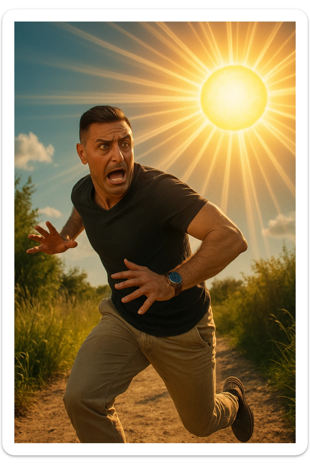 Uomo che corre via dal sole spaventato perchè pensa sia nocivo realistica sticker