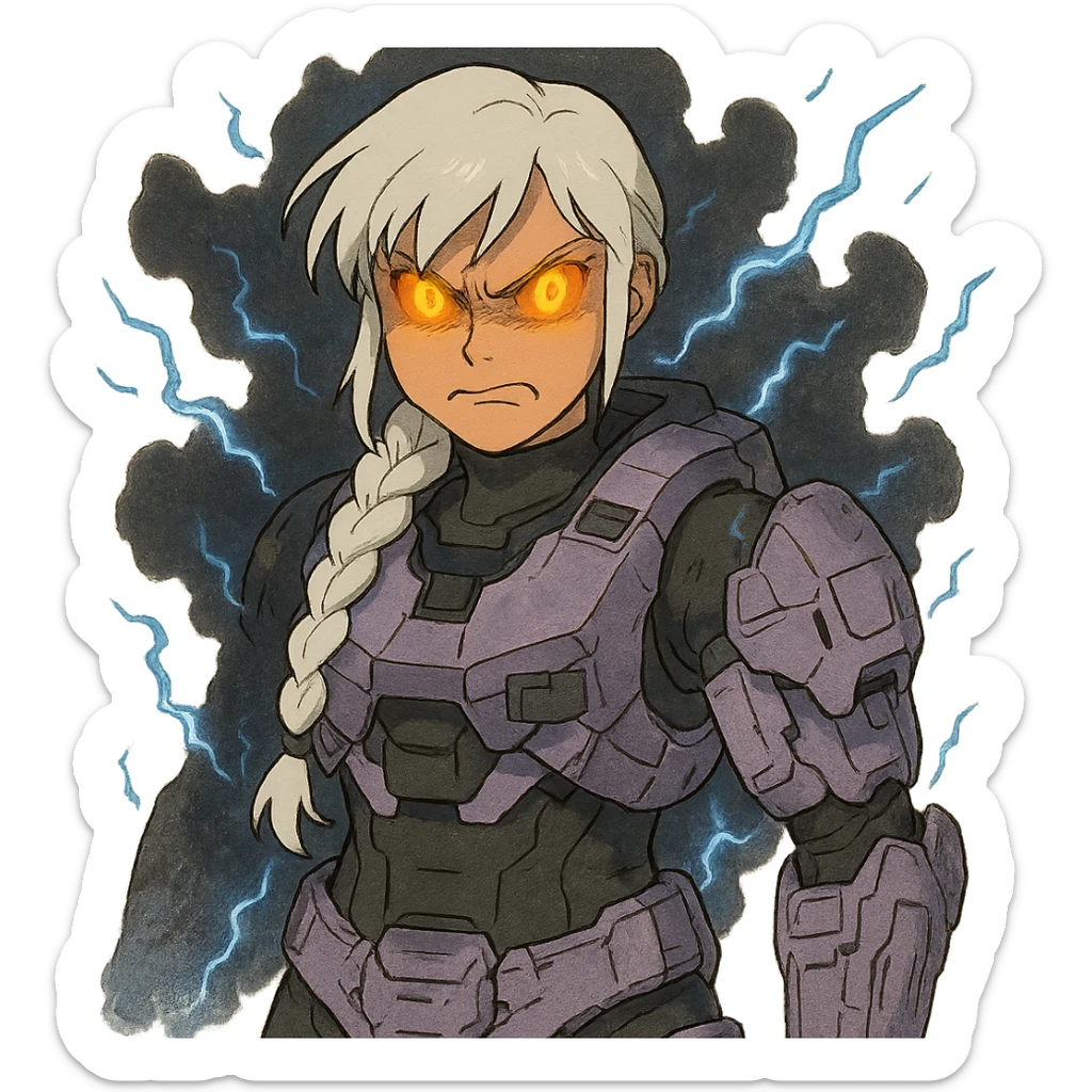 female, wearing reach spartan armor shoulder-unequip, long white braid hair with massive messy front side single bangs, gold yellow eyes, attention pose, D-cup size, HALO:series, no helmet, the armor is lavender color scheme, eyes glowing, demon eye, gleam, rage aura, body steaming dark gray, blue electricity, mouth clowed scowling sticker