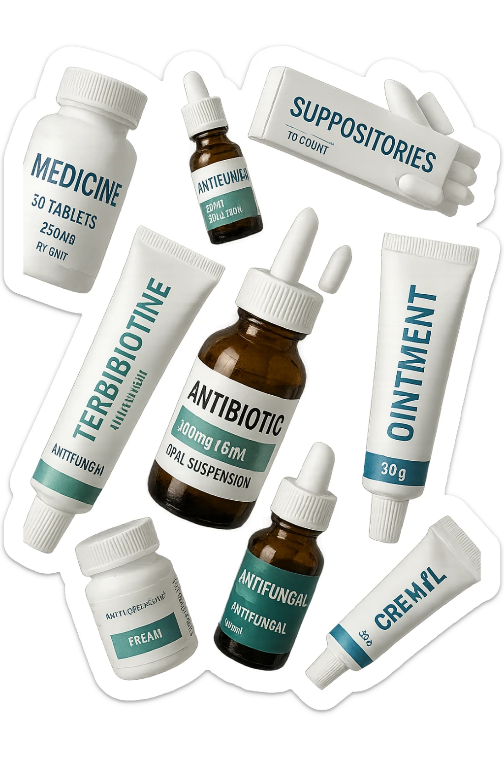 boccette di farmaci fluttuano in aria: creme, ovuli o antimicotici, IPERREALISTICO 4K sticker