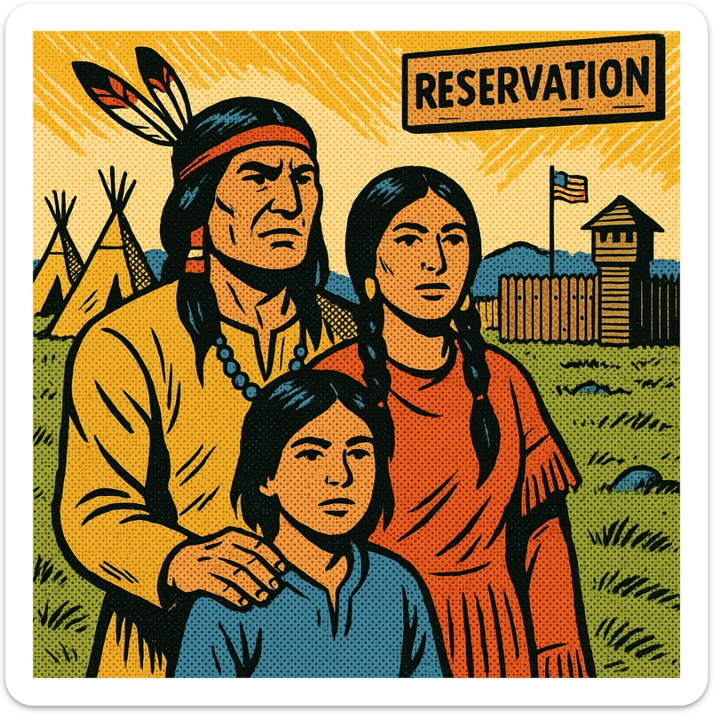 A native American family in the 1860s on reservation land in the American West. In the background are tepees, an American Army wooden fort and a wooden sign which says RESERVATION sticker