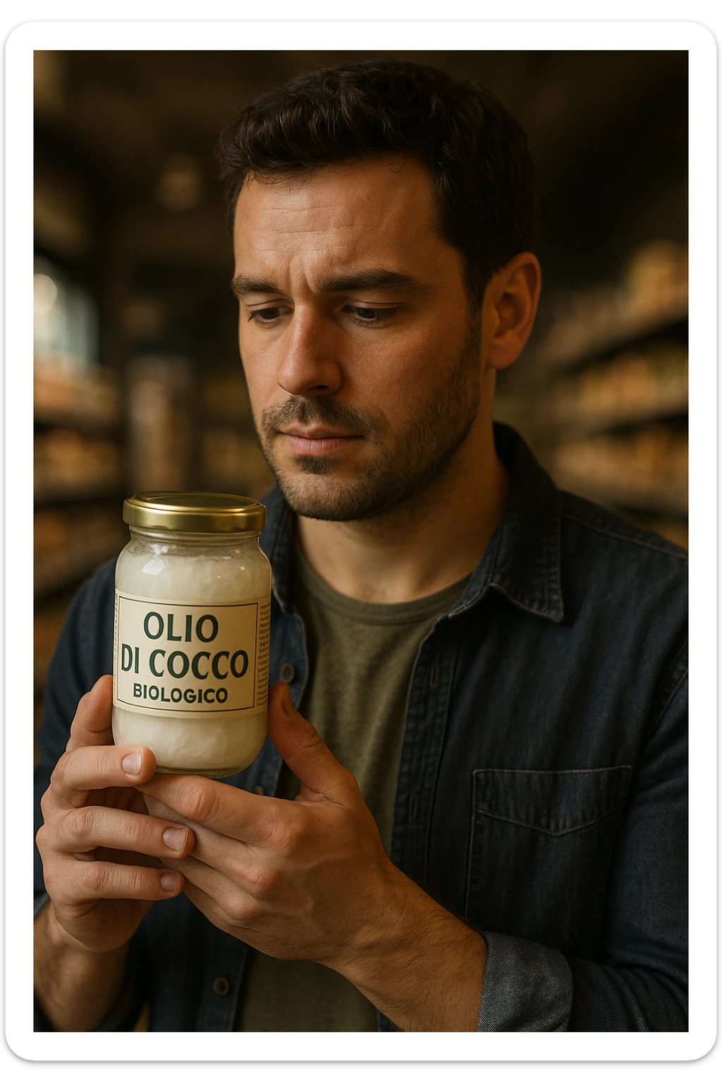 realistic and cinematic style portrait of a man consciously choosing organic coconut oil, face similar to reference photo, holding a jar with label 'Olio di Cocco Biologico', vertical 2:3 aspect ratio, no other text sticker