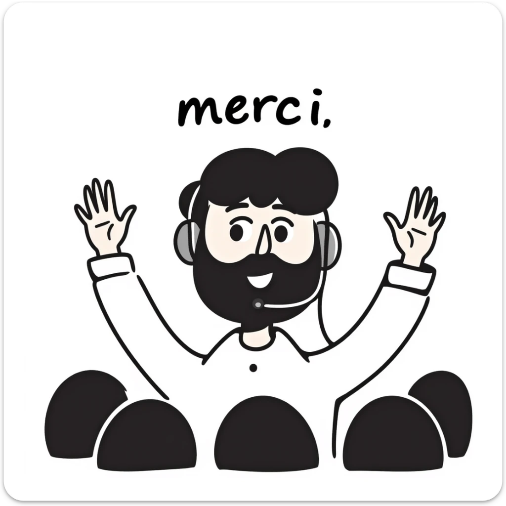 A person with black hair, brown eyes, and a black beard wearing a gaming headset, raising hands saying "merci" to an audience sticker