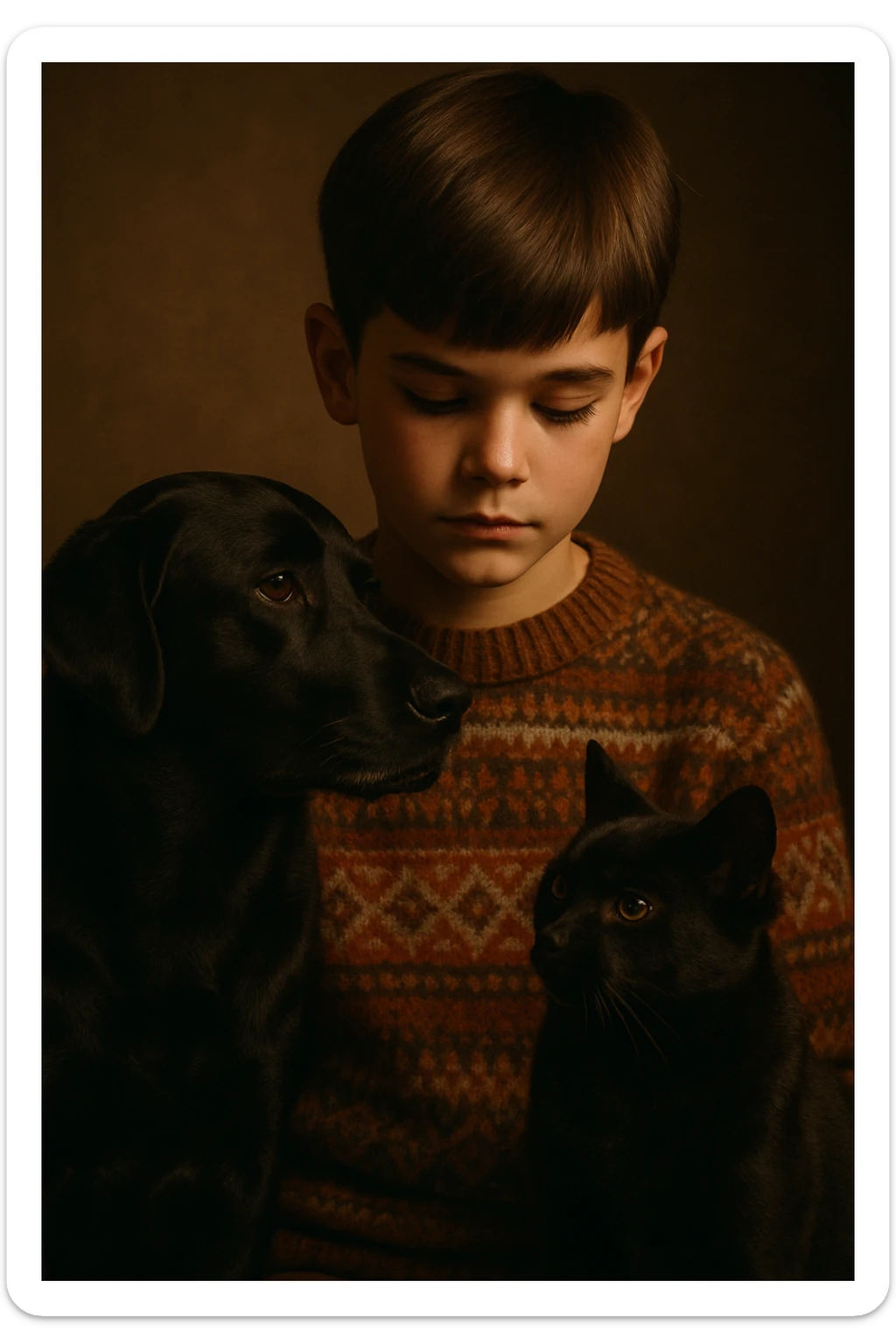 A kid with a chiseled jawline, brown eyes, and flat brown hair facing down, wearing a vintage sweater, standing with a black dog and a black cat. sticker