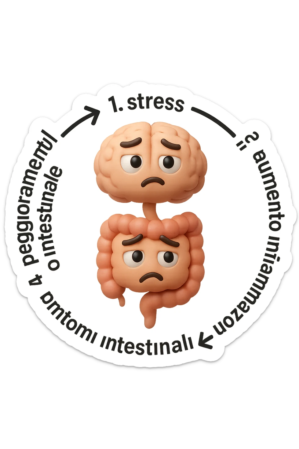EMOJI STILE IPHONE 3D DI un cerchio con queste scritte che girano intorno in ordine per come li ho scritti "1. stress → 2. peggioramento intestinale → 3. aumento infiammazione → 4. peggioramento sintomi intestinali e sistemici." al centro del cerchio metti un cervello e intestino umani collegati verticalmente con espressione dubbiosa in volto, FALLO MOLTO REALISTICO IN 3D sticker