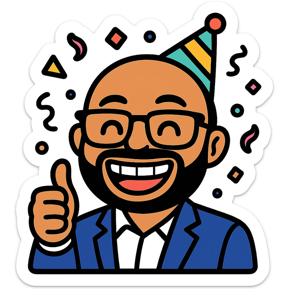 Create a funny celebration emoji version of the person in the photo. Exaggerate the smile and glasses, add party elements like confetti and a party hat, and include a playful hand gesture such as a thumbs up or peace sign. Keep the background transparent. sticker