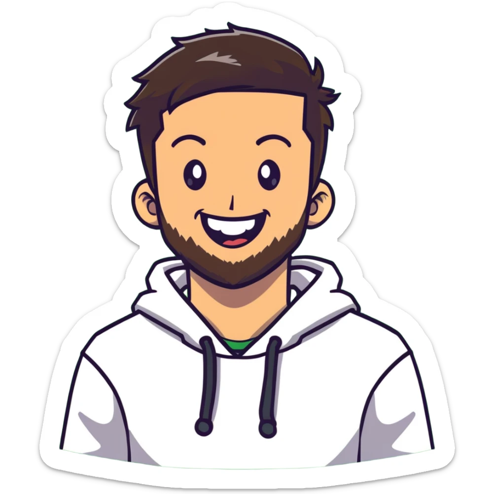 laughing guy with white hoodie, green t-shirt underneath, green eyes, dark brown undercut hairstyle and a short full beard sticker