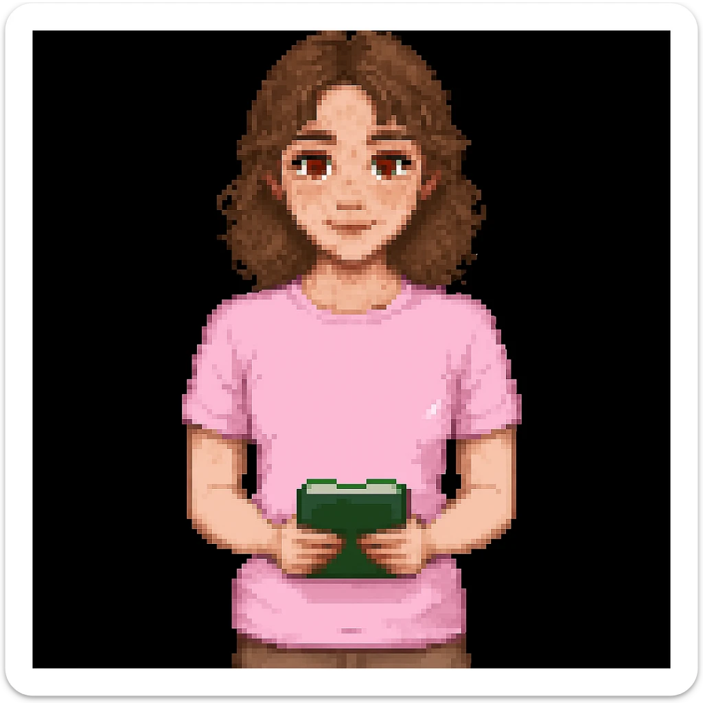 Add brown eyes and freckles on the cheeks to the pixel art teacher with brown hair, white skin, and pink t-shirt. Keep the original pixel art style. sticker