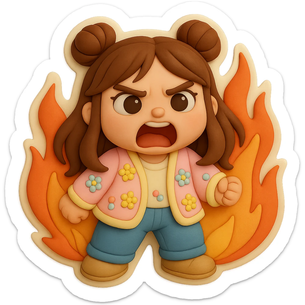 3D chibi fondant cake art style, high-quality rendering with smooth shadows and soft gradients. Girl based on reference image with preserved facial features and eye shape, long brown hair in two space buns, brown eyes, jeans, pastel floral cardigan, shoes, thick white outline like a sticker. Screaming angrily while surrounded by flames. Ensure the face, hairstyle, eye shape, and shoes match the reference exactly. sticker