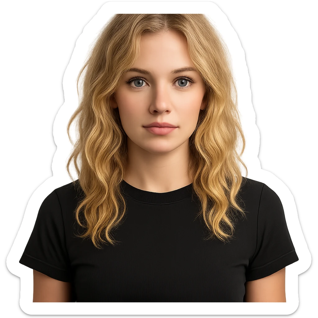 upper body portrait of a blonde wavy haired girl with blue eyes, nose ring on left side, wearing a black cropped shirt sticker