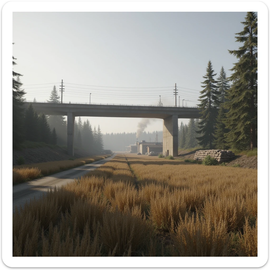 a screenshot of a location in a videogame  the image of the scene consists of: a tall above-ground freeway with a collapsed section in the distance, a wooded area, a small field of wheat, a tall workshop in the distance, and 2-foot tall sandbag wall-fortifications. distant smoke sticker