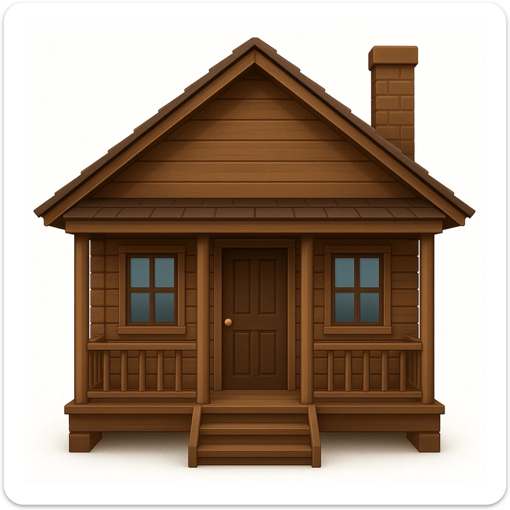 A wooden house typical of Puerto Rican rural neighborhoods, with a simple and cozy design featuring a central functional door, two symmetrical windows, a front porch with open railings, and space for a rocking chair. Emoji style, brown and wooden, no star, no symbol sticker