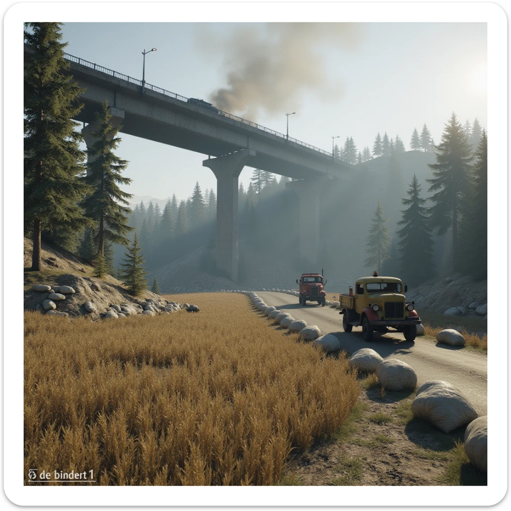  a screenshot of a location in a videogame  the image of the scene consists of: [a tall above-ground freeway collapsed], a wooded area, a small field of wheat, sandbag barricades. distant smoke. uneven terrain, derelict vintage work trucks, more distant smoke sticker