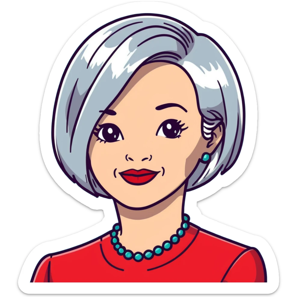 Elegant older woman with silver-gray bob haircut, light skin, almond eyes, red lipstick, red blouse, sophisticated warm smile sticker