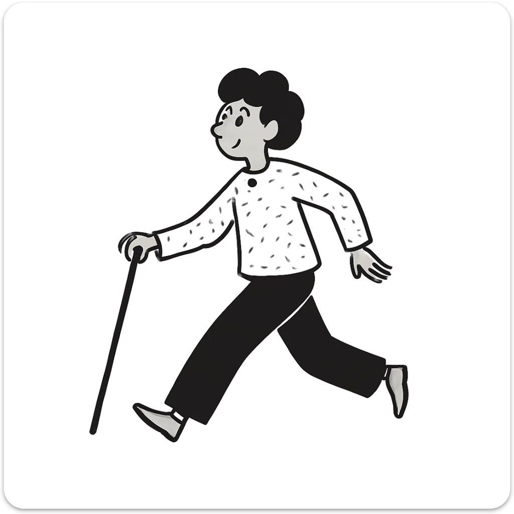 Change the walking pose of the elderly woman with short hair to a brisk walk. Keep the black doodle style look in mind while editing. sticker