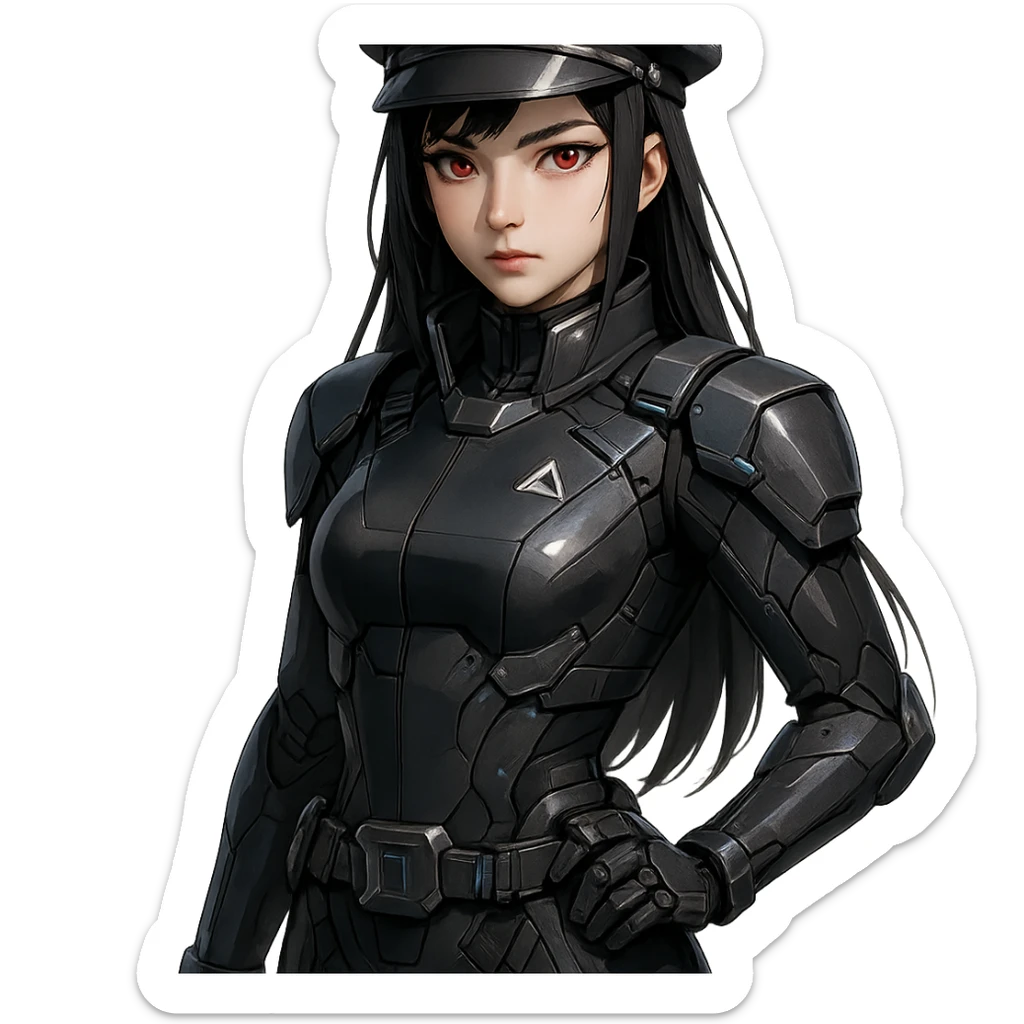 dark-haired, red-eyed girl in a futuristic officer costume, sleek and modern design, detailed, high-tech, sci-fi style sticker