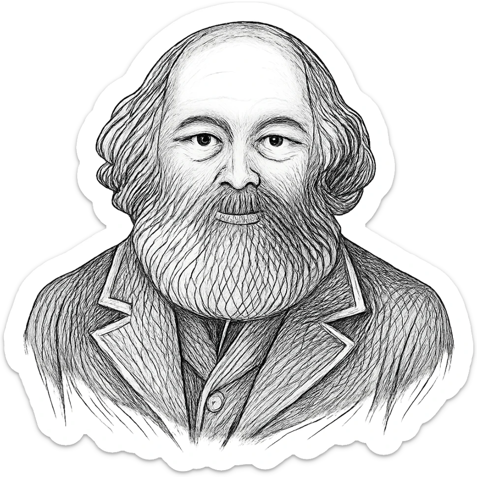 Adjust the hand-drawn portrait of Mikhail Bakounine to make his eyes look more natural and realistic, maintaining the detailed black outline style with no fill. sticker