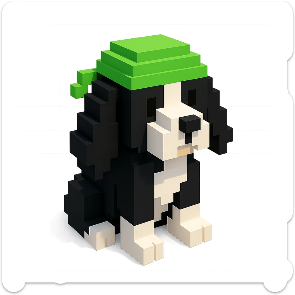 A black and white Russian Cocker Spaniel puppy wearing a green durag, voxel style, sitting sticker