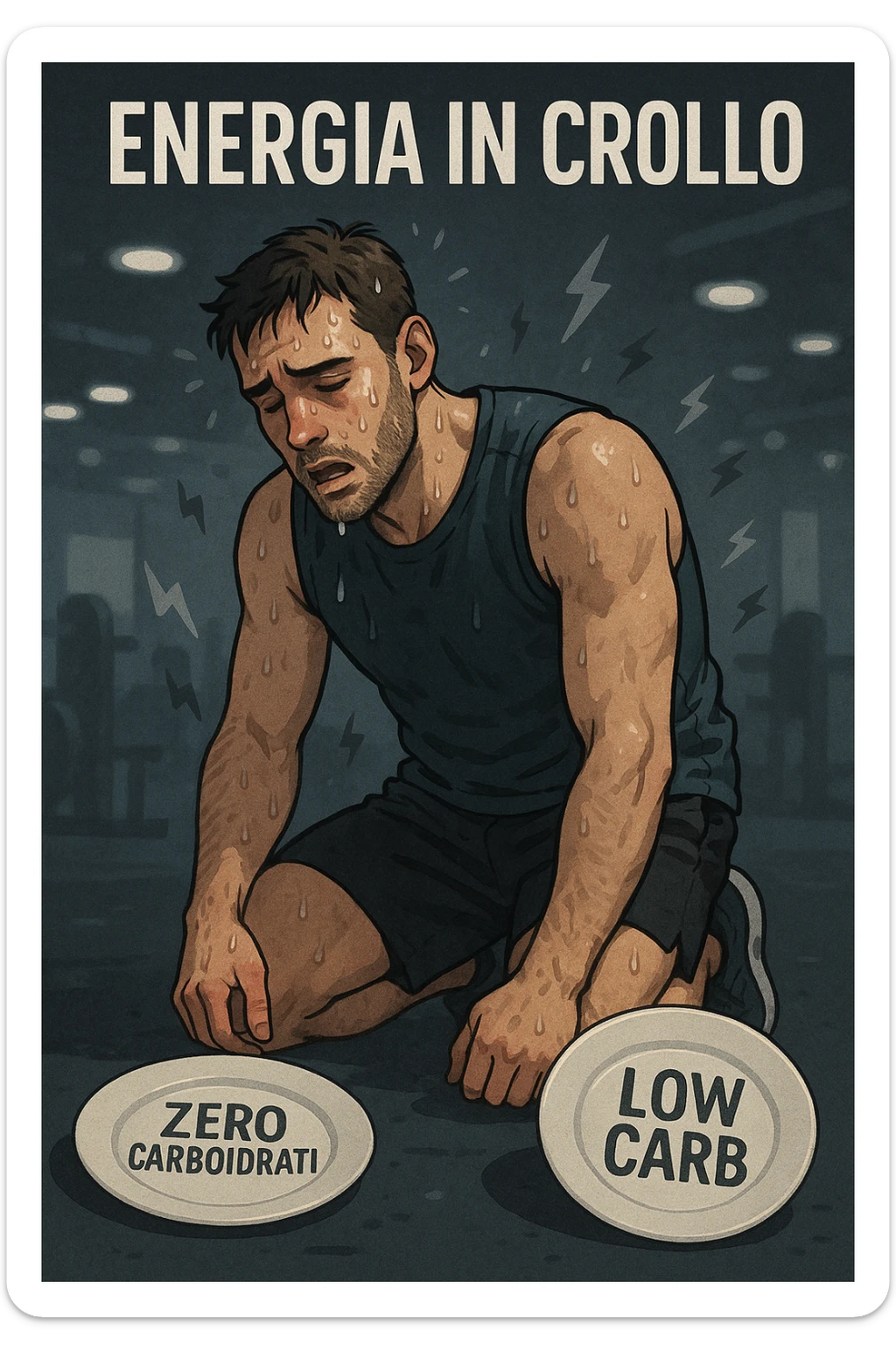 Uomo sportivo sui 30 anni in palestra, inginocchiato, esausto, con il volto sudato e un’espressione di forte stanchezza. Le luci della palestra sembrano sfocate, a simboleggiare confusione mentale. Accanto a lui, piatti vuoti con scritte tipo 'zero carboidrati', 'low carb'. I muscoli appaiono sgonfi e senza tono, mentre piccoli simboli di energia (come fulmini grigi spenti) si allontanano dal suo corpo. In alto, la scritta 'Energia in crollo'. Atmosfera spenta, colori freddi, sensazione di vuoto e affaticamento. in italiano sticker