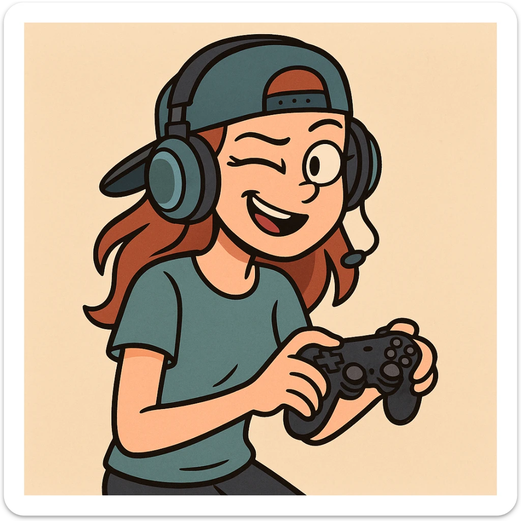 cool gamer girl with headphones and a cap, cartoon style, playful expression sticker
