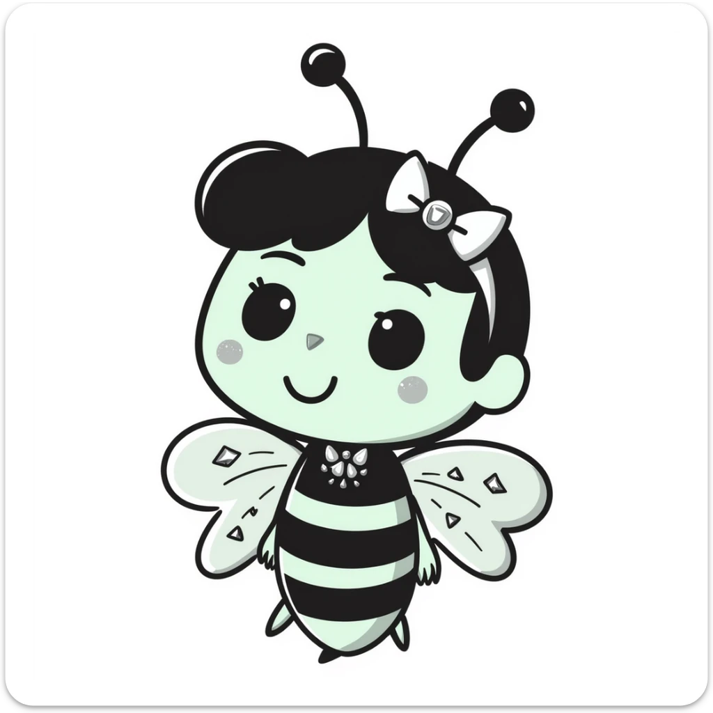 Mint green woman bee character with diamond decorations, rhinestone jewelry, and glittery sparkly details sticker