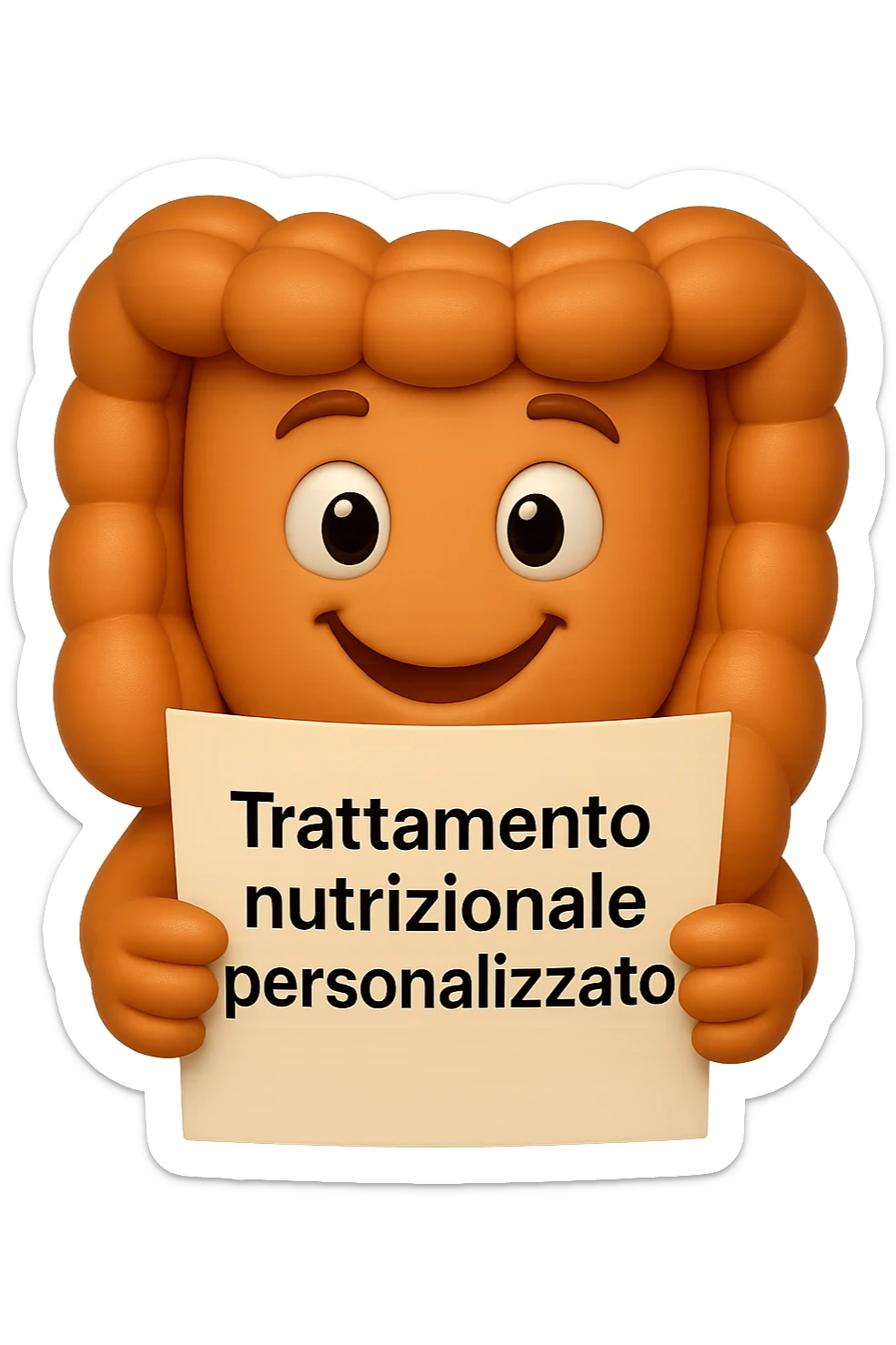 emoji stile iphone di un intestino felice che legge un foglio con la scritta "trattamento nutrizionale personalizzato", non fargli il naso, iperrealistico 4k sticker